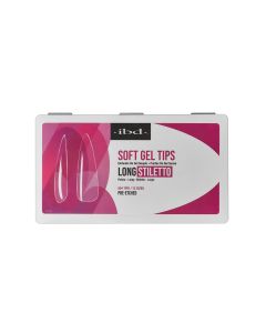 Front view of IBD Soft Gel Tip box in Long Stiletto shape
