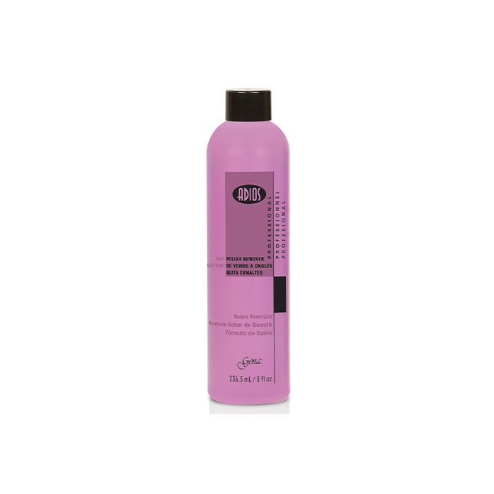 8-ounce bottle of Adios Pink Polish Remover with black lid cap and printed product label and information
