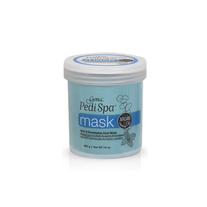 Slightly top view of Gena Pedi Spa nourishing foot mask in 16-ounce capped bottle with printed product information