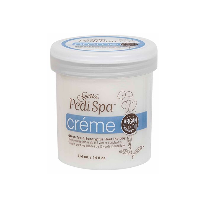Close frontage of a capped Gena Pedi Spa Crème with 14 ounce plastic canister with twist cap cover