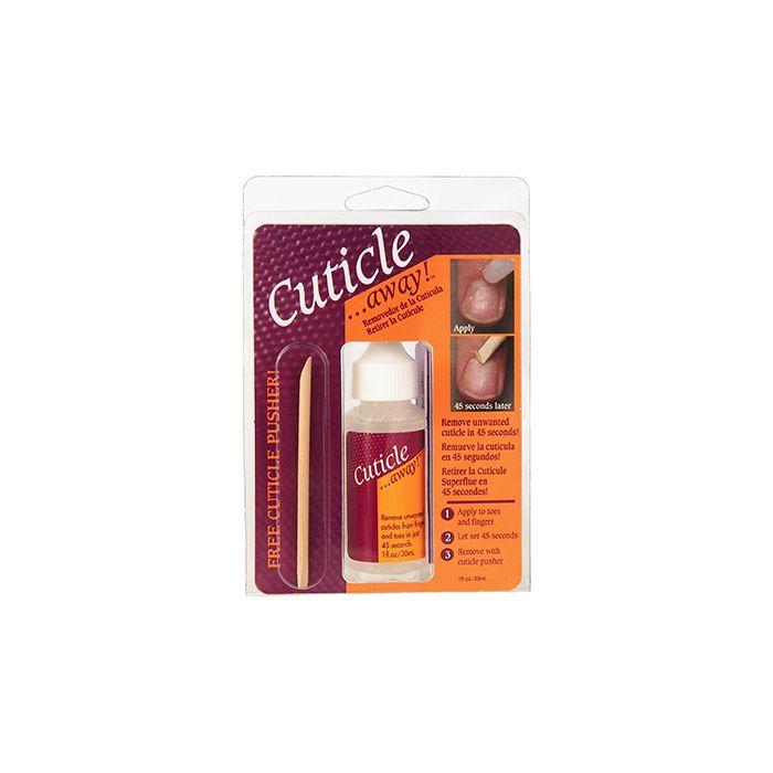 Cuticle Away with Cuticle Pusher in its plastic clamshell packaging printed with product details & illustrations