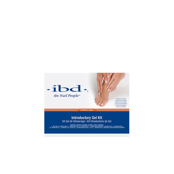 Front view of idb Introductory Gel Kit packaging featuring printed product details and depiction of a model's foot and hands