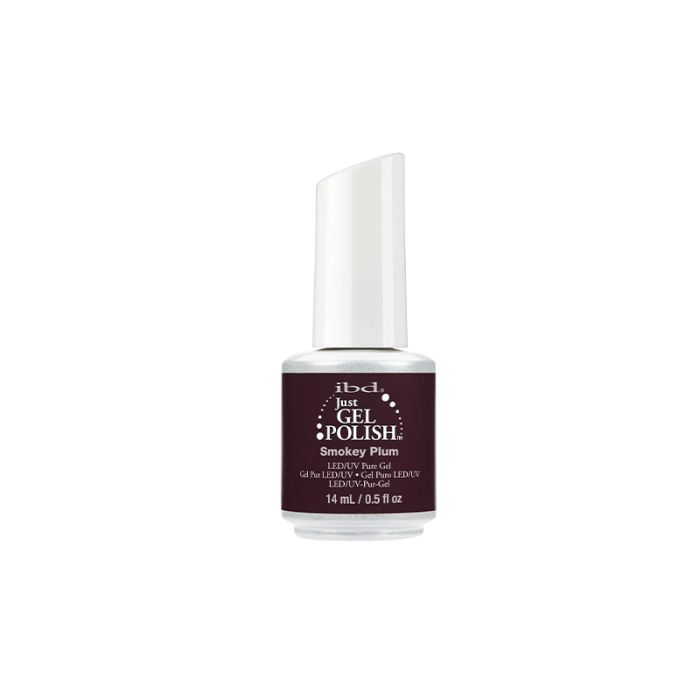 0.5-ounce bottle filled with ibd Just Gel Polish Smokey Plum with a two-tone color packaging and product label