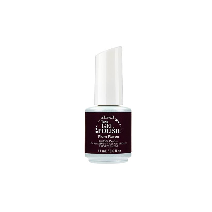 Frontage of ibd Just Gel Polish Plum Raven with label text in a 14ml two-tone bottle