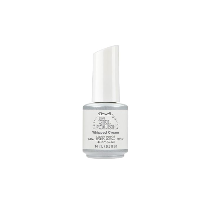 A 0.5 -ounce glass bottle with white handled brush cap containing ibd Just Gel Polish Whipped cream gel polish