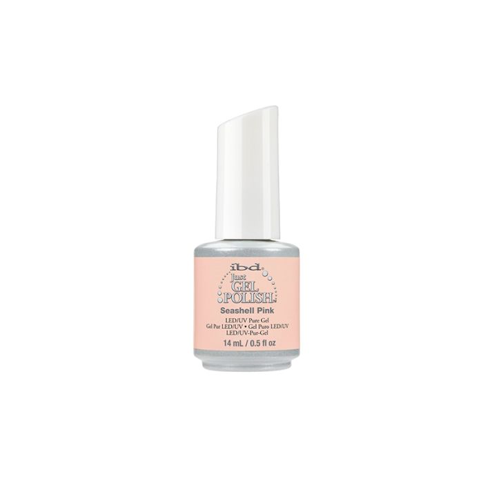 Frontage of ibd Just Gel Polish Seashell Pink in 14 ml bottle with printed text