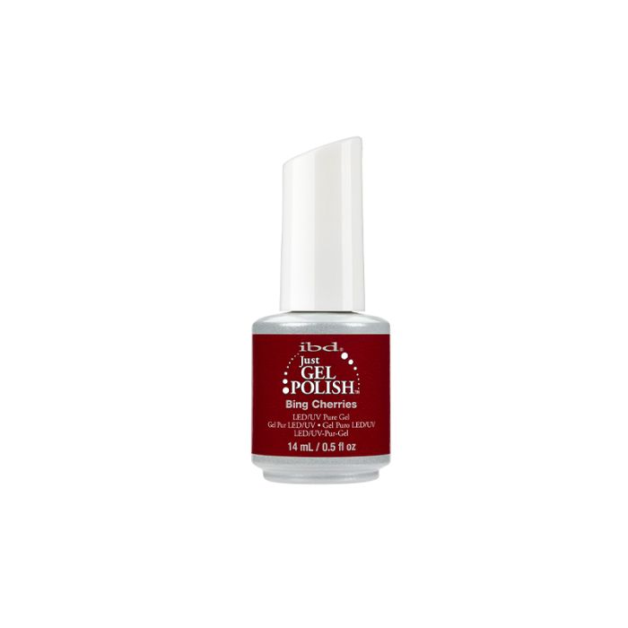 Frontal view of ibd Just Gel Polish Bing Cherries with a color combination of white and magenta color on its 0.5-ounce bottle