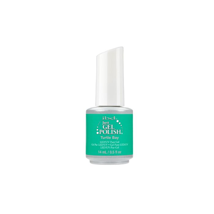 0.5-ounce bottle filled with ibd Just Gel Polish Turtle Bay with a two-tone color packaging and product label