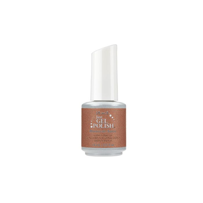 Front facing of ibd Just Gel Polish Moroccan Spice variant of nail gel with label text in a 0.5-ounce bottle