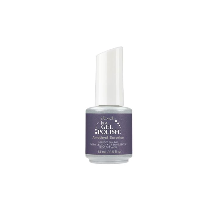 Two-tone 14 ml bottle of ibd Just Gel Polish in Amethyst Surprise variant of nail gel with printed text