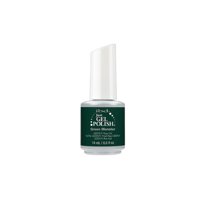 Front-view of a 0.5-ounce two-tone bottle of ibd Just Gel Polish Green Monster with product label and information