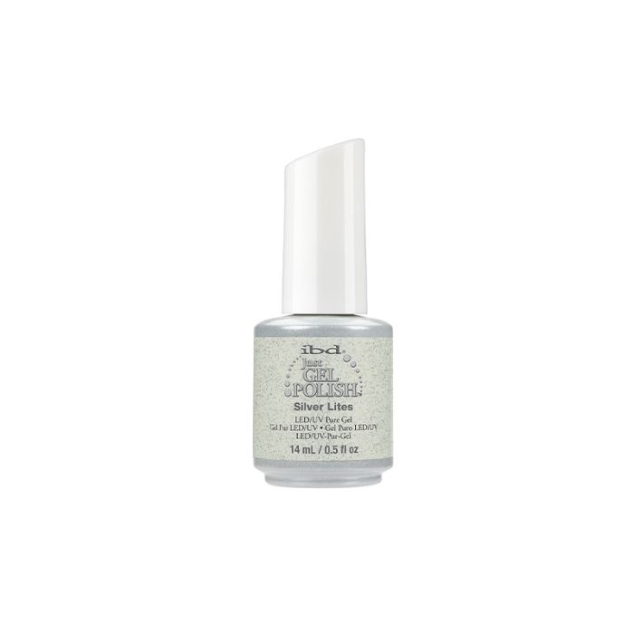 A 14ml two-tone bottle of ibd Just Gel Polish in Silver Lites variant with printed product information 