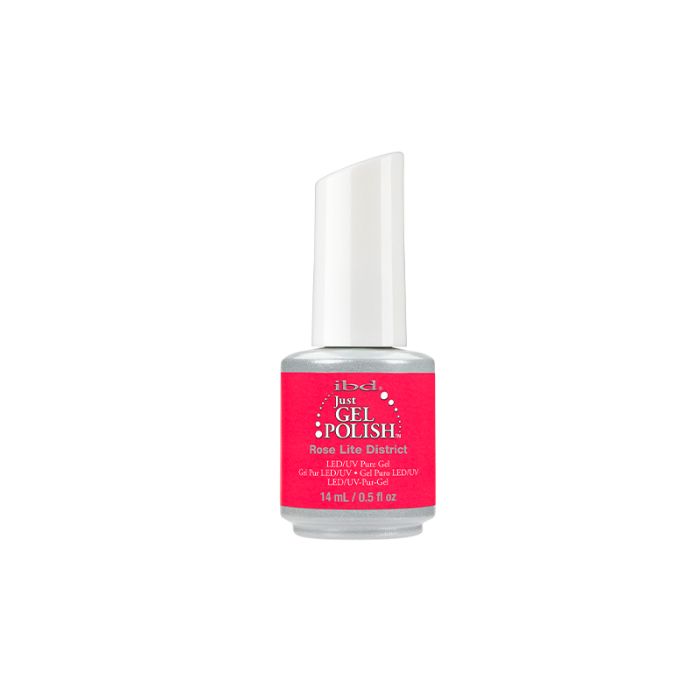 0.5-ounce capped bottle of ibd Just Gel Polish Rose Lite District with two-color combination on its pack
