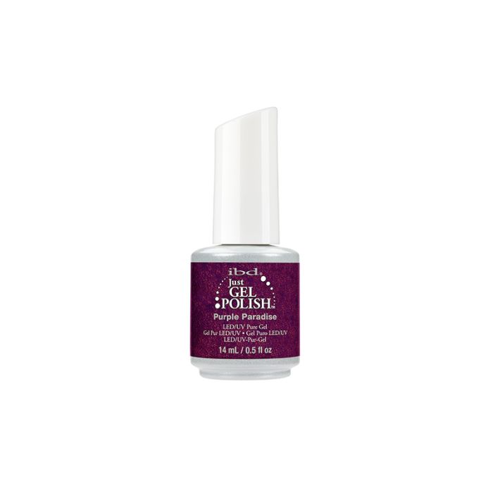 Wide-view of ibd Just Gel Polish Purple Paradise with label text in a 0.5-ounce bottle