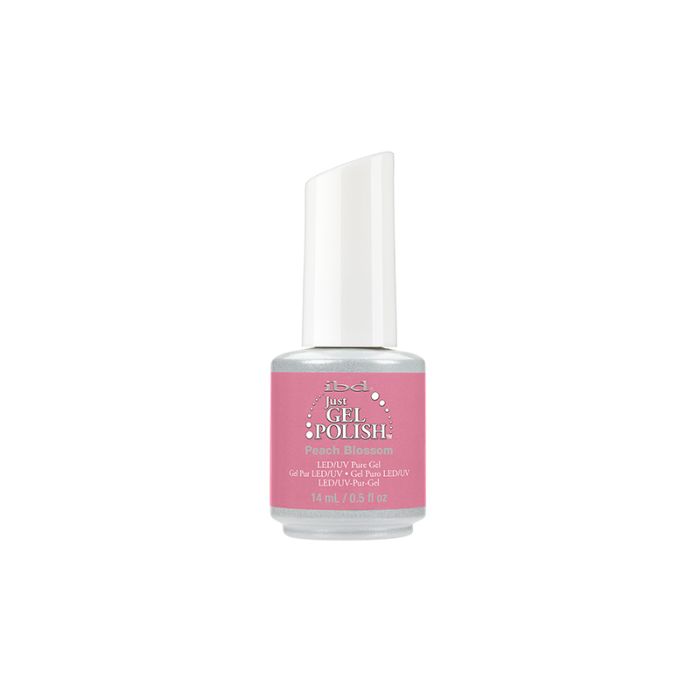 Front view of a 0.5-ounce bottle of ibd Just Gel Polish Peach Blossom nail polish bottle printed with product name & details