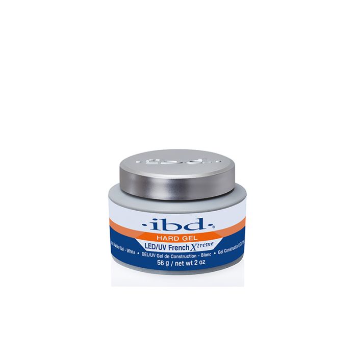 A 2-ounce plastic tub with sliver cap containing ibd LED/UV French Xtreme White Gel 