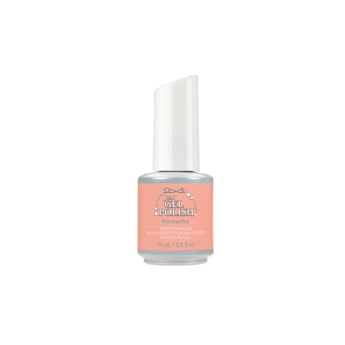 0.5-ounce bottle filled with ibd Just Gel Polish Flowerful with a two-tone color packaging and product details