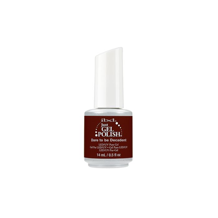 A 0.5-ounce bottle filled with ibd Just Gel Polish Dare to be Decadent with a two-tone color packaging 