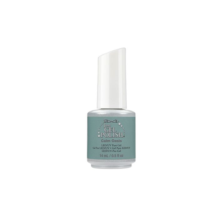 Capped bottle of ibd Just Gel Polish Calm Oasis with the color combination of white and baby blue color on its 14ml pack