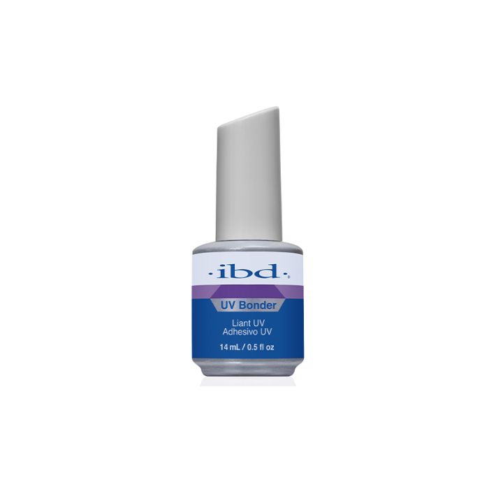 Frontage of capped ibd UV Bonder non-acid primer in 14ml bottle with colorful and detailed label text 