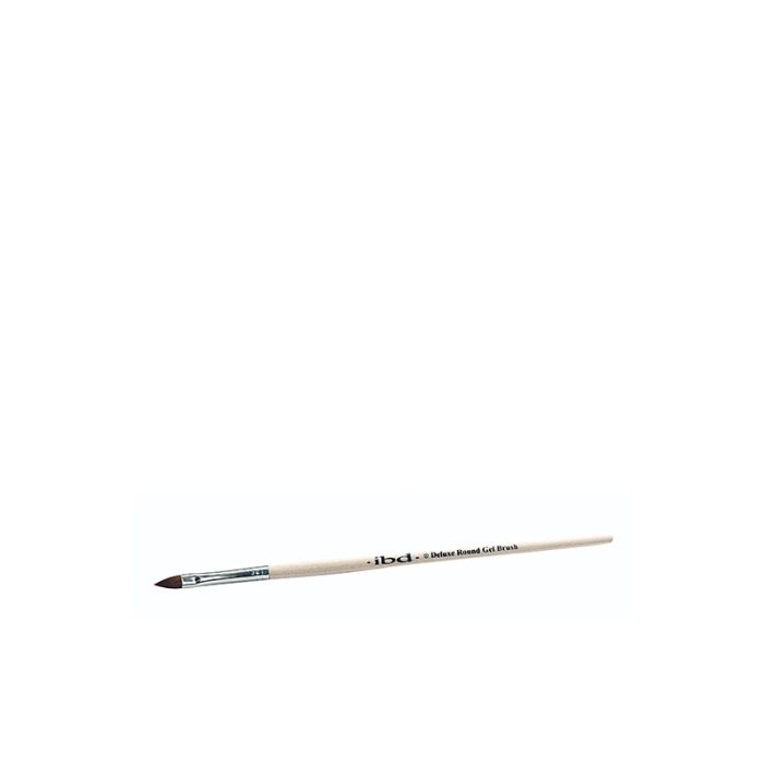 ibd Deluxe Round Gel Brush featuring its light wooden handle, metal ferrule, & brush tip with round profile