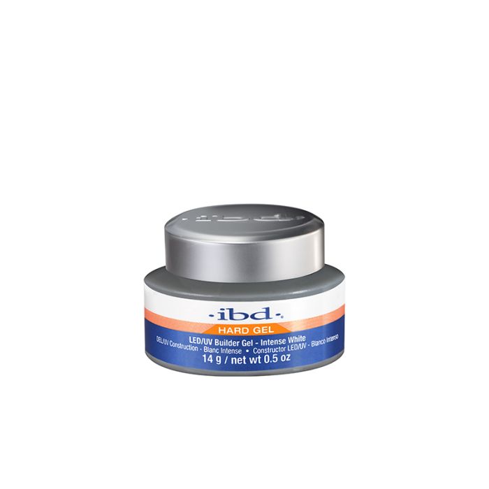 A capped 0.5 ounce grey plastic tub of ibd Hard Gel LED/UV Intense White facing forward featuring its product label