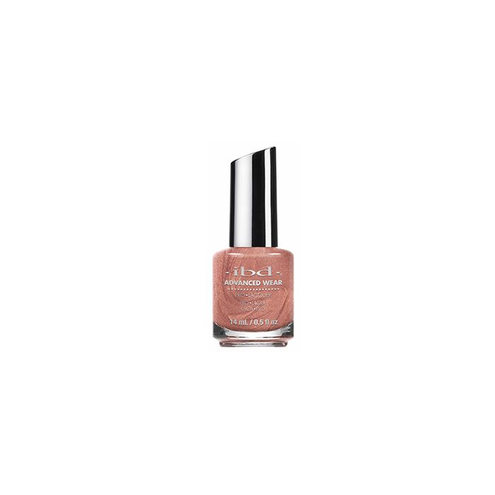 bottle of ibd Advanced Wear Lacquer Palermo metallic shimmer peachy pink nail lacquer