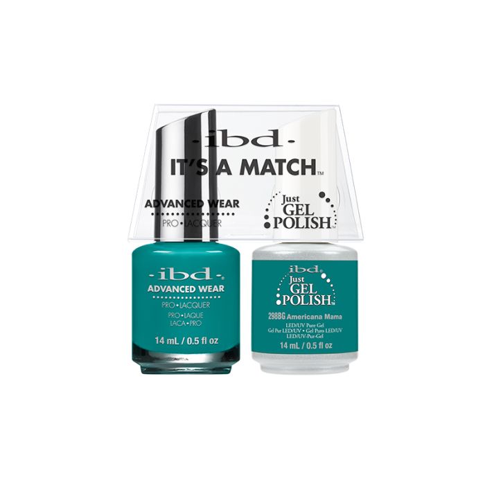 Pack of ibd Advanced Wear Color Duo Americana Mama featuring 1 bottle each of lacquer & gel nail polish