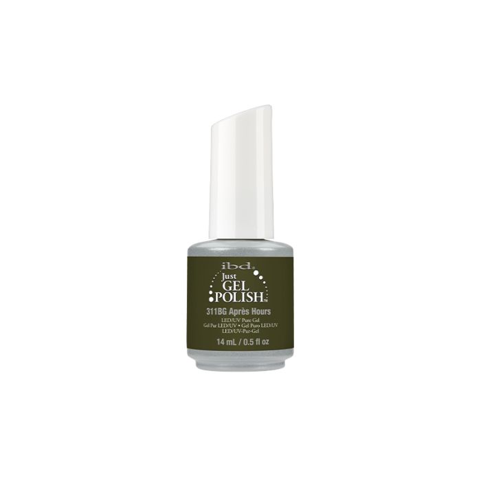 Capped bottle of ibd Just Gel Polish Apres Hours with two-tone color combination on its 0.5-ounce bottle with product label 