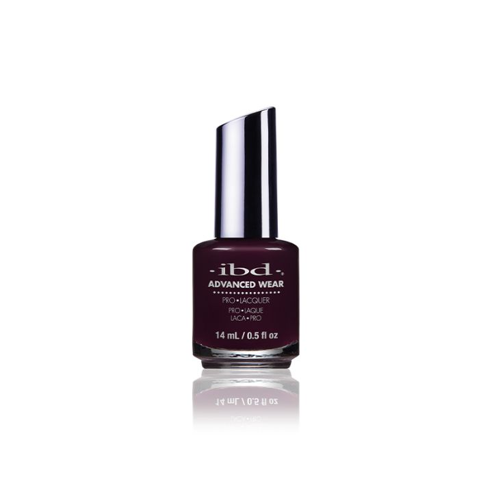 A clear 0.5 ounce glass bottle containing ibd Advanced Wear Inspire Me nail polish with a metallic silver brush cap