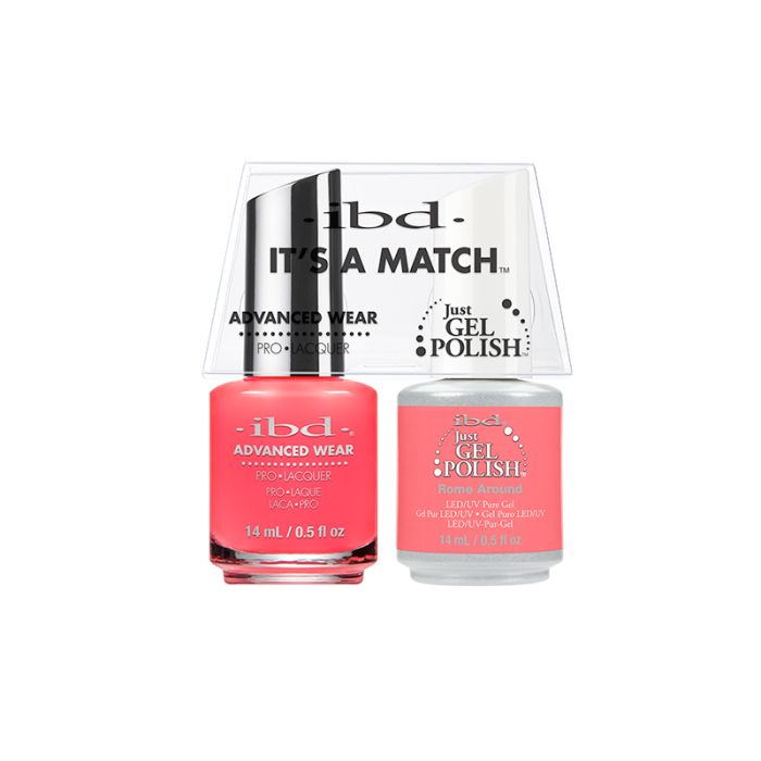 0.5-ounce bottle filled with ibd Just Gel Polish Duo Rome Around  with a two-tone color packaging and product details
