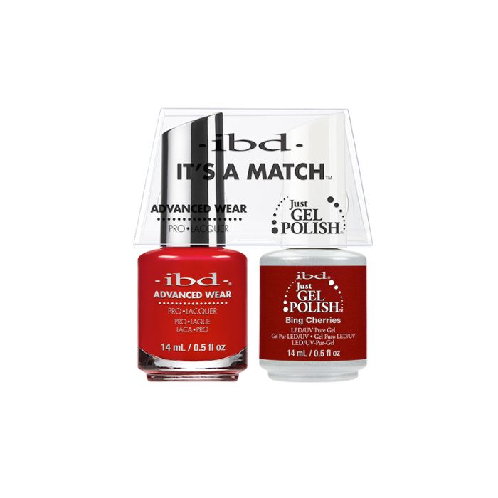ibd Advanced Wear Color Duo Bing Cherries retail pack with 1 gel & 1 lacquer nail polish