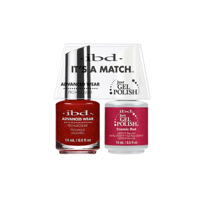 Front view of a 0.5-ounce jar with two-tone bottle of ibd Advanced Wear Color Duo with Just Gel polish in Cosmic Red color