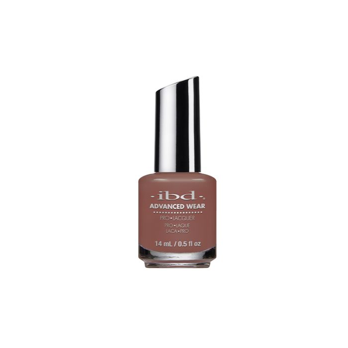 A transparent 0.5 ounce bottle containing ibd Advanced Wear Dim the Lights nail polish featuring its brush cap