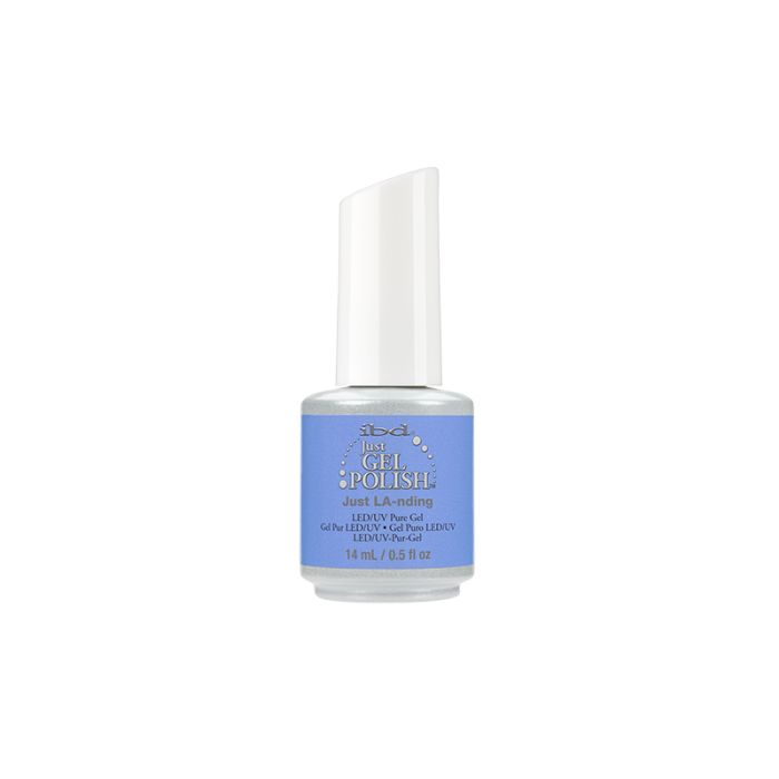 0.5 ounce bottle of  Just Gel Polish Just Landing with color combination of white and light blue packaging