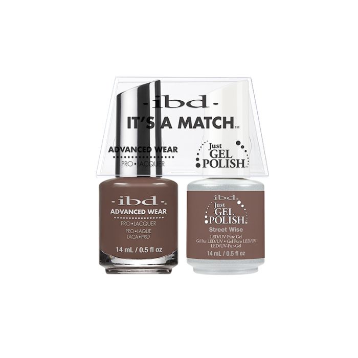 ibd It's a Match duo packed with Advanced Wear nail color and Just gel polish-Street Wise variant with printed label text