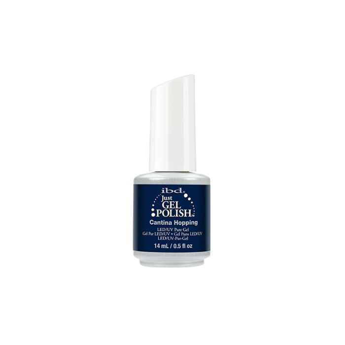 Capped bottle of ibd Just Gel Polish Cantina Hopping with color combination of white and navy blue color on its 14ml pack