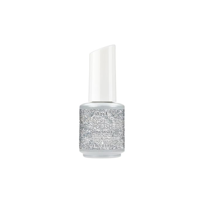 0.5-ounce bottle filled with ibd Just Gel Polish Glitter Struck with a two-tone color packaging and product details