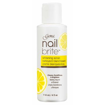 Front view of a 4-ounce Gena Nail Brite Wrightening scrub with label product text isolated in white color background