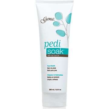 Closeup of  Gena Cleansing Foot Soak, Foot Bath in 8.5 ounce bottle showing its product details and information