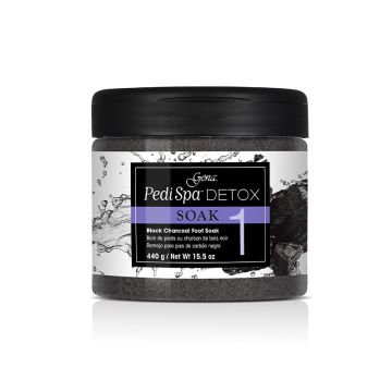 Front view of  Pedi Spa Detox Black Charcoal Soak in 15.5-ounce flask with black color lid and labeled text