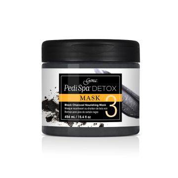 Front view of capped Pedi Spa Detox Black Charcoal Mask in a 15.4-ounce bottle with product labeled text 