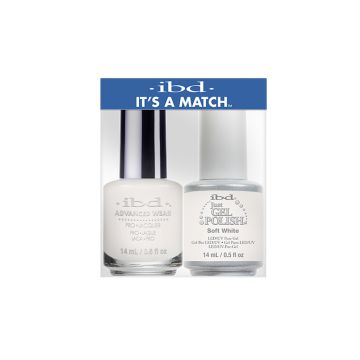 Frontage of  ibd It's a mathc Advanced Wear Color Duo with Just Gel Polish Soft White in a clear and sealed packaging