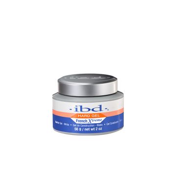 A 2-ounce grey plastic container of ibd UV Xtreme White Builder Gel with silver twist cap