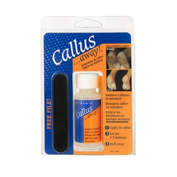 Front view of Callus Away with File in its retail wall hook packaging printed with product name, details, & illustrations