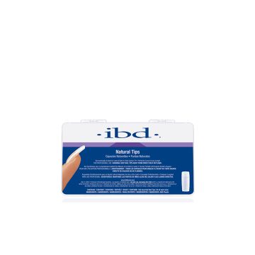 Top view of a rectangular plastic clamshell case of ibd Natural Tips 100 count