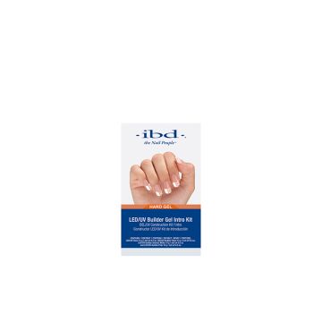 Front view of ibd LED/UV Builder Gel Kit box with an illustration of model's manicured hand and printed with product information
