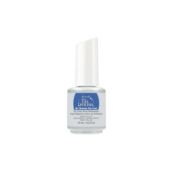 Frontage of ibd Just Gel Polish No Cleanse Top Coat in 14 ml bottle with printed label text and product details