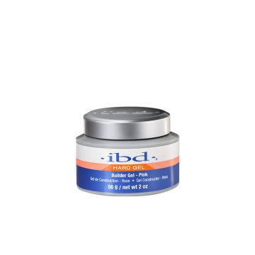 2 ounce ibd UV Pink Builder grey plastic tub with orange, blue, & white themed product label