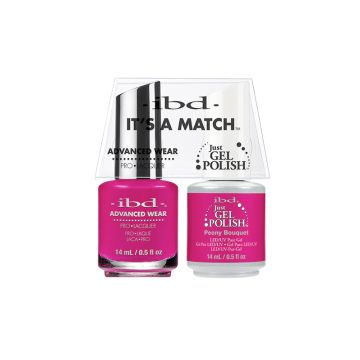 Frontal view of 1 pack ibd Advanced Wear Color Duo with Just Gel Polish Peony Bouquet in 0.5-ounce bottle with label text